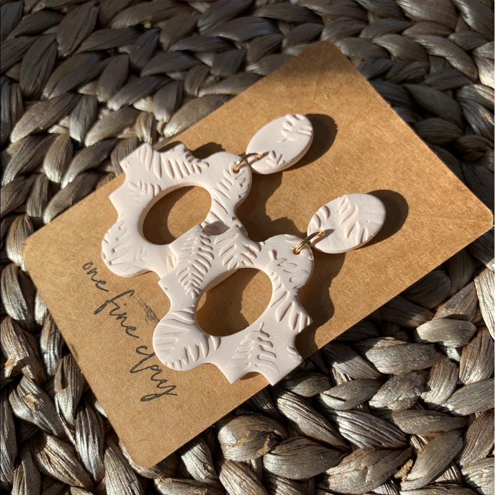 Textured Leaf Clay Earrings in Cream